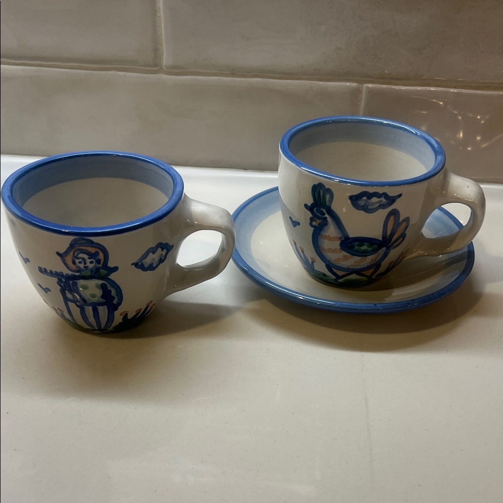 MA Hadley Pottery Stoneware Coffee/ 2 Tea Cups And 1 Saucer
